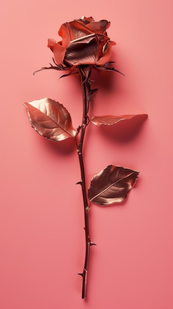 Une rose métallique sur fond rose