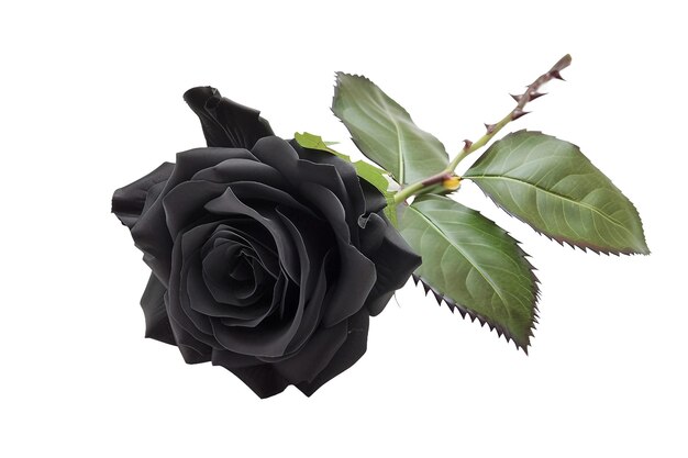 Rose noire et feuille sur fond blanc