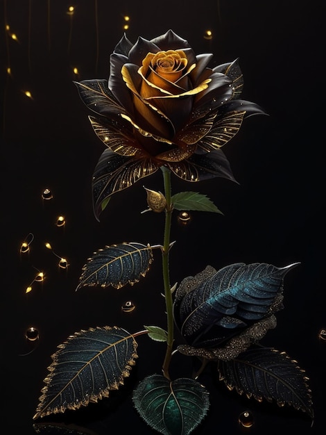 Rose noire avec des feuilles d'or dégoulinant de lignes de néon 8k diamants voir à travers la luciole d'eau lumineuse lumineuse