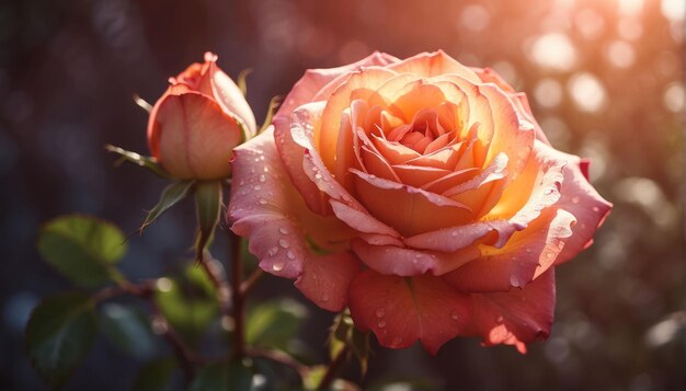 Une rose orange vibrante dans la lumière atmosphérique