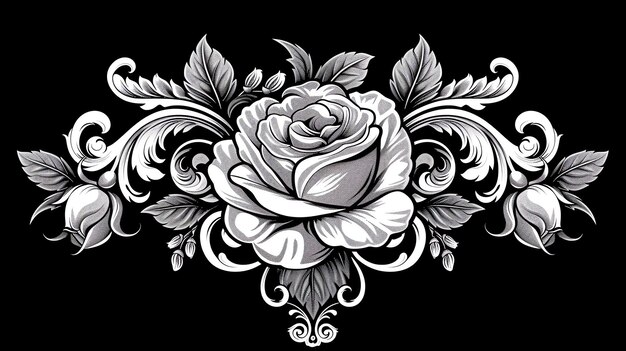 Une rose ornée de feuilles et de fleurs en noir et blanc