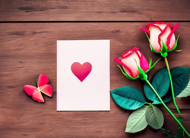 une rose et un papillon pour la Saint-Valentin sur une table en bois et un espace de copie