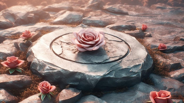 une rose perchée sur un rocher et entourée de tous côtés par d'autres fleurs