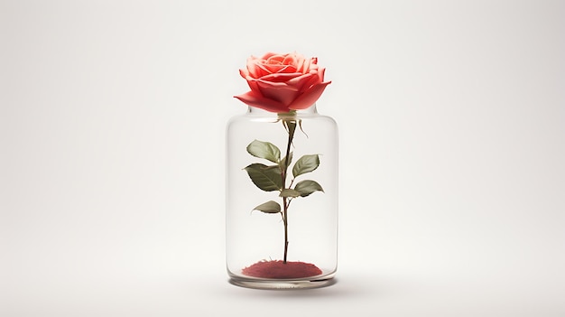 Rose en pot de verre sur fond blanc