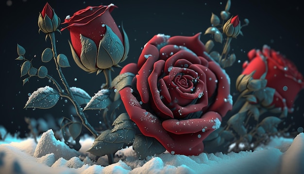 Une rose pousse de la neige AI générative