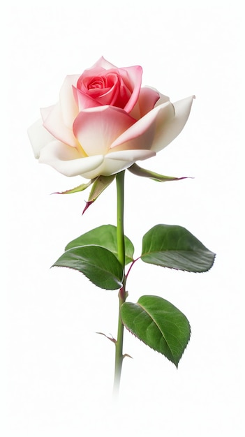 Une rose rose et blanche est devant un fond blanc.