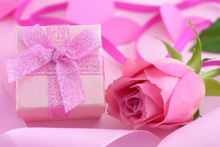 Photo rose rose et une boîte-cadeau avec des coeurs, fond de saint valentin