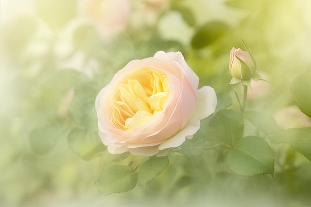 Une rose rose dans un jardin avec un fond vert