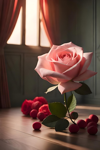Une rose rose est posée sur une table devant une fenêtre à fond rouge.