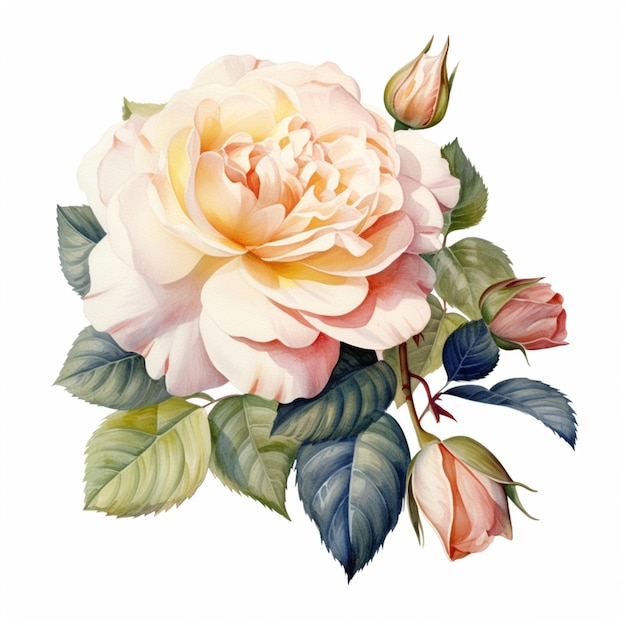 Une rose rose avec des feuilles et un fond blanc