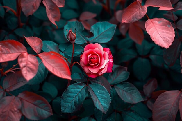Rose rose avec des feuilles vertes et roses