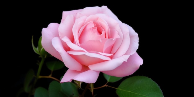 Une rose rose fleurit devant un fond noir.