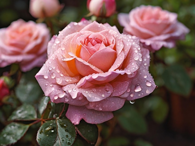 une rose rose avec des gouttes d'eau