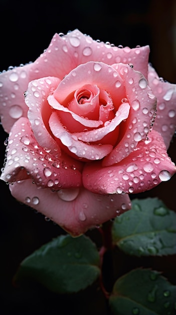 Une rose rose avec des gouttes de rosée