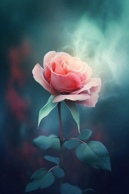 Photo une rose rose rose translucide couverte de brouillard sur un fond flou en gros plan