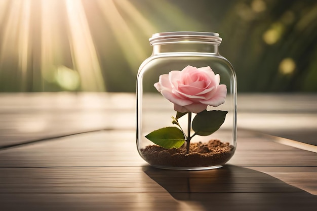 Une rose rose se trouve dans un bocal en verre avec un petit sable dedans.
