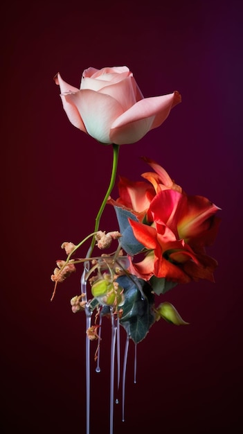 Une rose rose se trouve dans un vase avec un fond rouge.