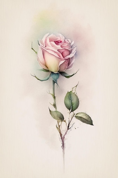 Une rose rose avec une tige verte et des feuilles clip art effet aquarelle