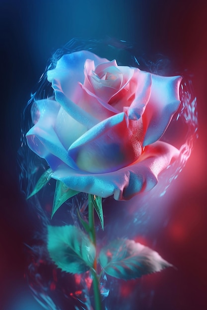 Photo rose rose translucide dans l'éclairage bleu sur un fond flou en gros plan