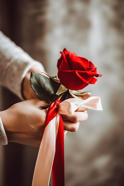 Rose rouge d'amour mains captivantes tenant un symbole d'affection avec une note d'amour attachée