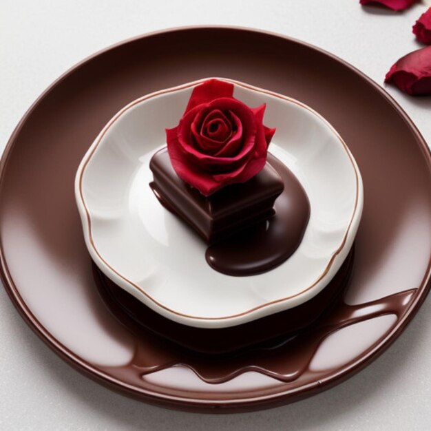 une rose rouge sur une assiette avec une rose dessus