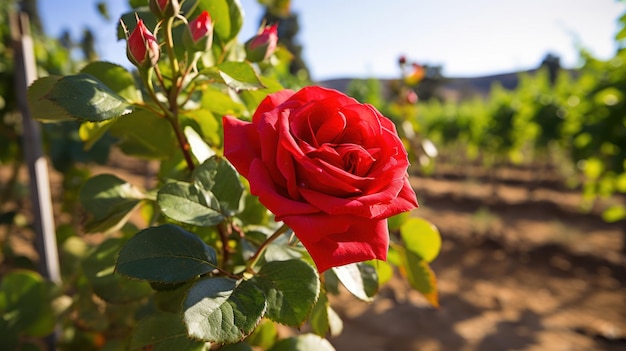 une rose rouge sur un buisson