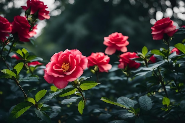 Une rose rouge avec un centre jaune au milieu.