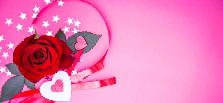 Photo rose rouge avec coeur et confettis étoiles brillantes
