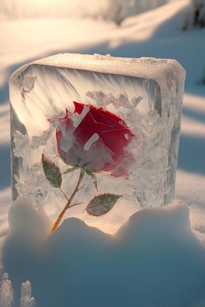 Rose rouge congelée dans un bloc de glace générative ai