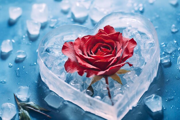 Rose rouge avec des cubes de glace en forme de cœur sur fond bleu