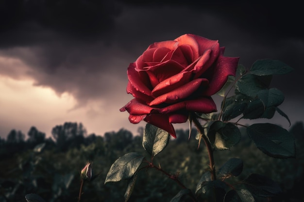 Rose rouge dans un ciel orageux créé avec une IA générative