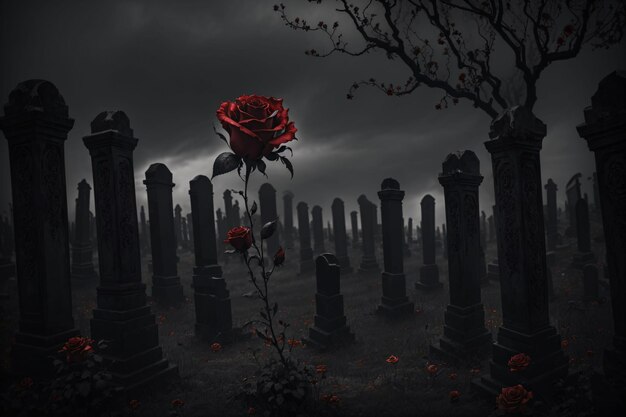 Rose rouge dans un cimetière sombre avec brume