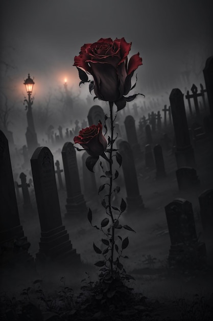 Rose rouge dans un cimetière sombre avec brume