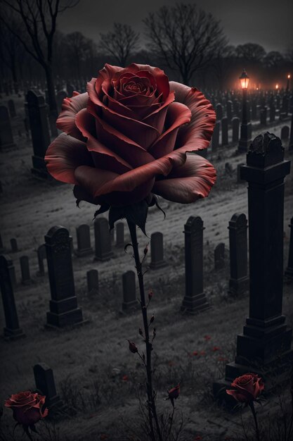 Rose rouge dans un cimetière sombre avec brume