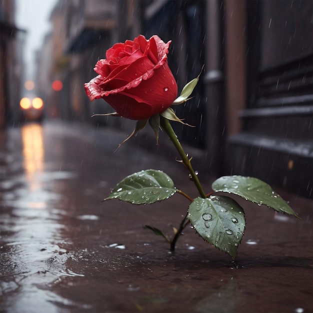 une rose rouge dans la pluie avec des gouttes de pluie dessus