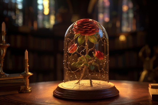 Rose rouge dans un vase en verre sur une table en bois à l'intérieur de l'église