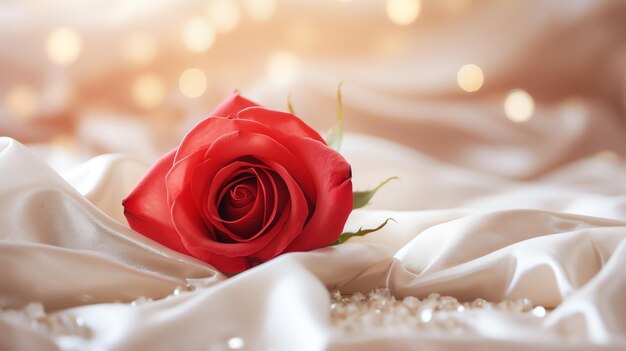 Rose rouge sur le drap de soie Bonne journée de la Saint-Valentin concept de carte de vœux image générée par l'IA