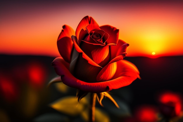 Une rose rouge est devant un coucher de soleil.