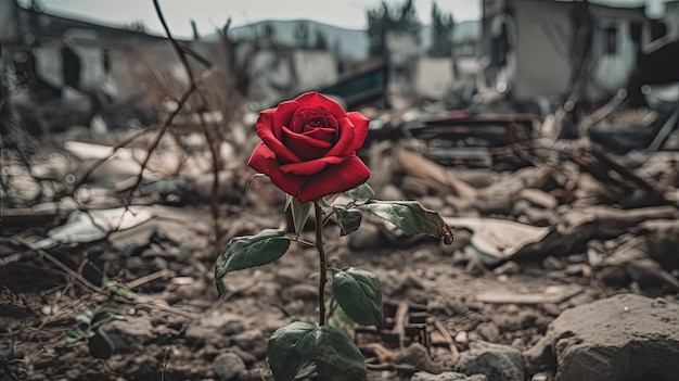 Une rose rouge est entourée