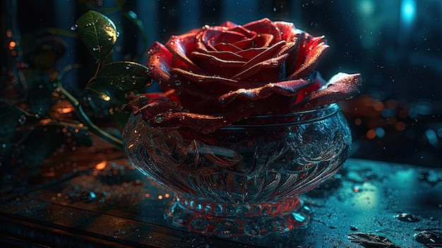 Une rose rouge est posée sur un bol en verre avec une feuille verte dessus.