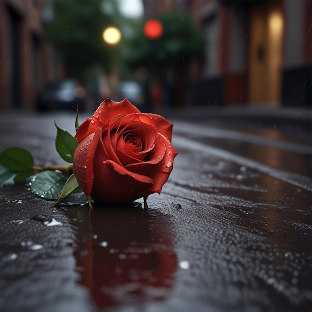 une rose rouge est sur une surface humide avec des gouttes de pluie