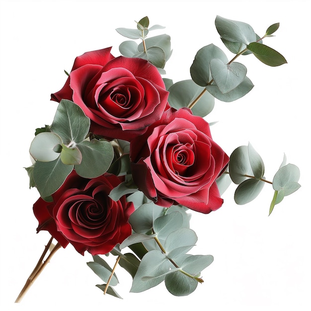 Une rose rouge avec des feuilles d'eucalyptus