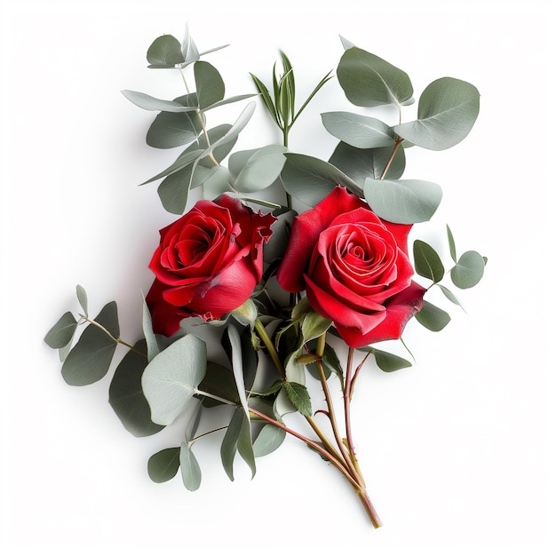 Une rose rouge avec des feuilles d'eucalyptus