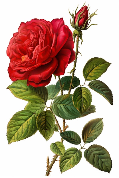 Photo rose rouge avec des feuilles vertes isolé sur fond blanc illustration aquarelle