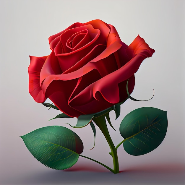 Une rose rouge avec des feuilles vertes et une tige avec le mot amour dessus.