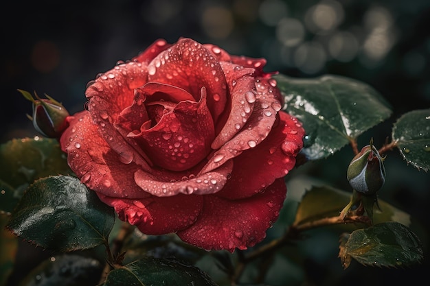 Une rose rouge en fleurs baignée dans la rosée générative IA