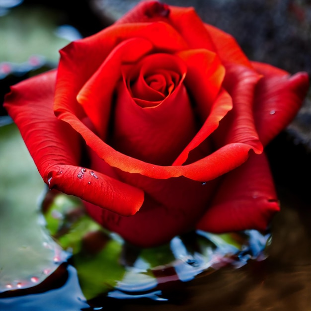 Une rose rouge flotte dans un bassin d'eau.