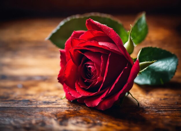 Une rose rouge sur un fond en bois cadeau pour la Saint-Valentin