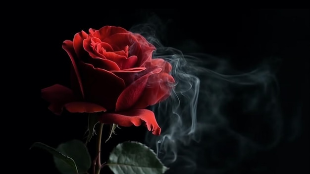 Rose rouge avec de la fumée sur fond noir ai générative