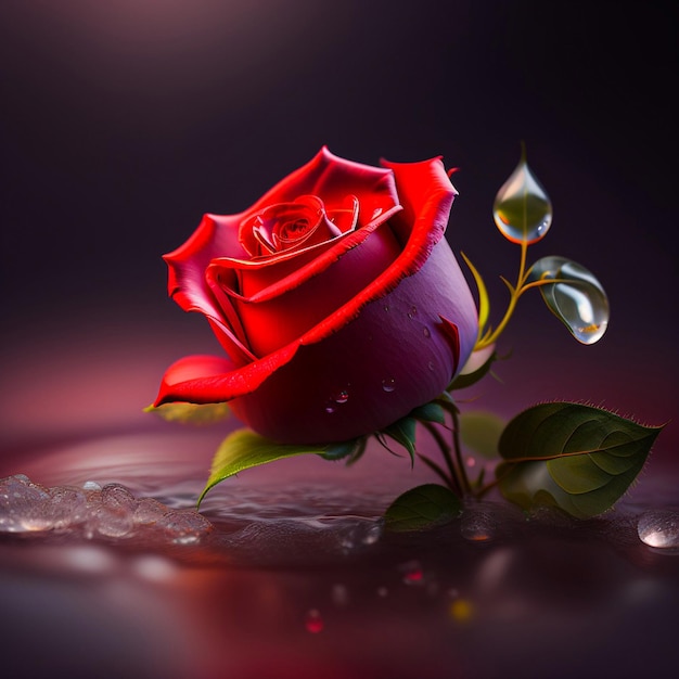 Une rose rouge avec une goutte d'eau dessus